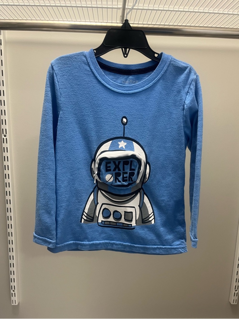 okie dokie Light Blue Long-Sleeve 'Explorer' Astronaut Tee—front zip pouch!!!